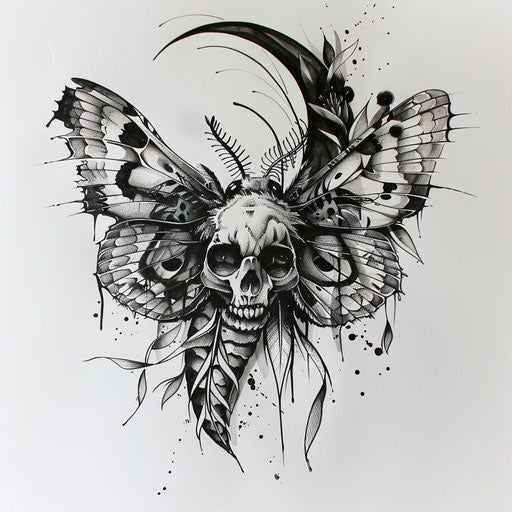 Surrealistic death moth tattoo artwork on white canvas, blending fantasy elements.