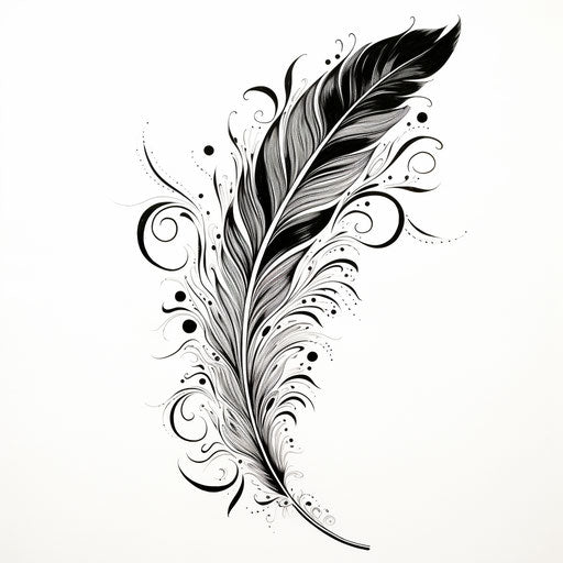 Black and white feather drawing in ornate style