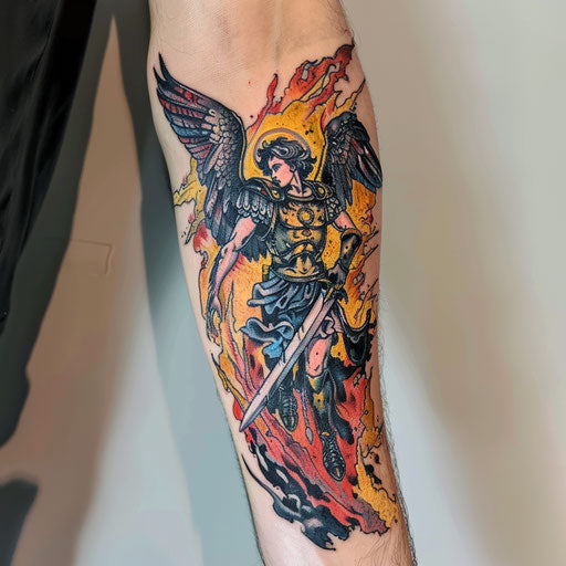 Colorful tattoo of Saint Michael with a flaming sword, Renaissance style