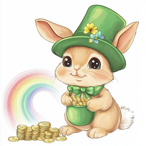 St. Patrick's Day, Cute Baby Rabbit in a green hat with a gold pot of coins and a rainbow, clipart on a white background