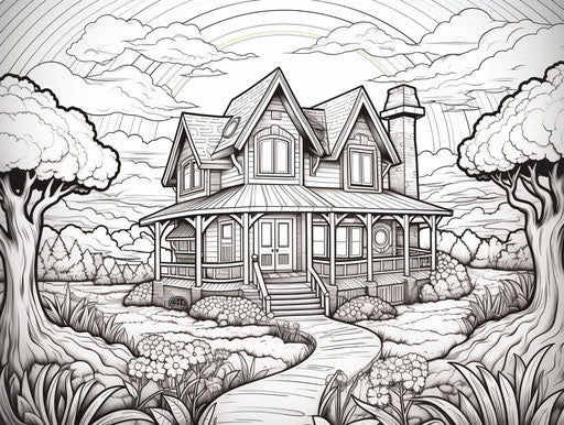 Rainbow house, flowing lines, colorful gardens 4:3