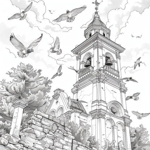 Church bell tower with birds flying, coloring book page