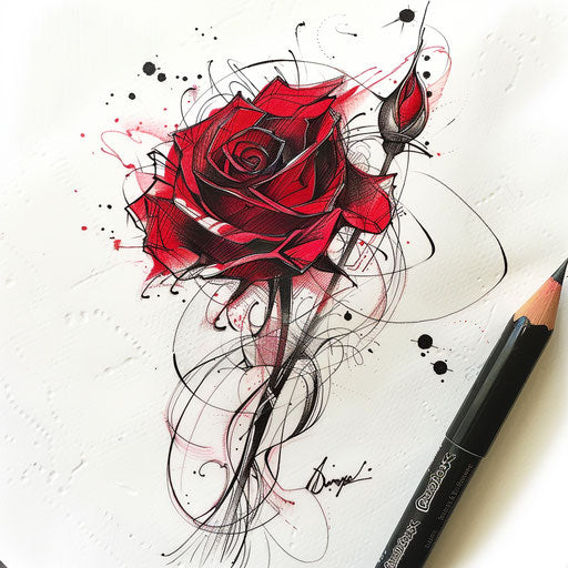 Contemporary tattoo sketch of a red rose with ink splashes