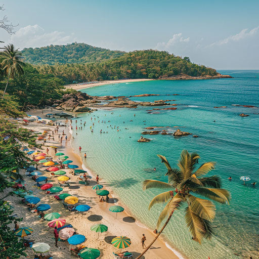 Beach scene at Palolem Beach, India with colorful umbrellas and crystal-clear water