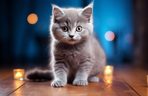 Grey kitten on table, primitivist frenzy style, light cyan and navy, emotive faces
