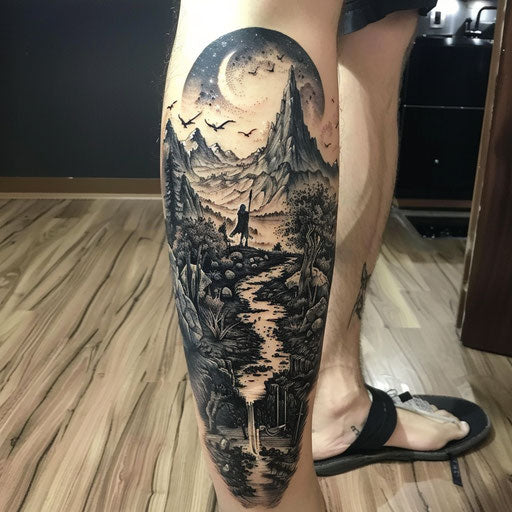 Calf tattoo with epic dream, in the style of Peter Jackson