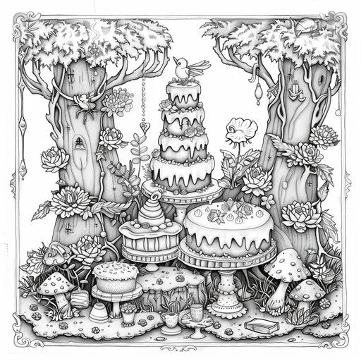 Magical forest with enchanted cakes - Coloring book page