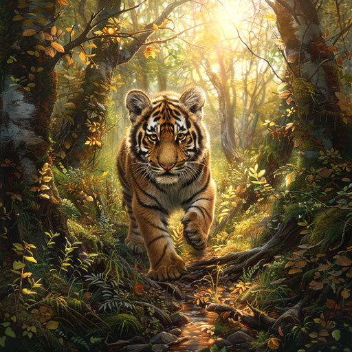 Curious tiger cub in a sunlit clearing