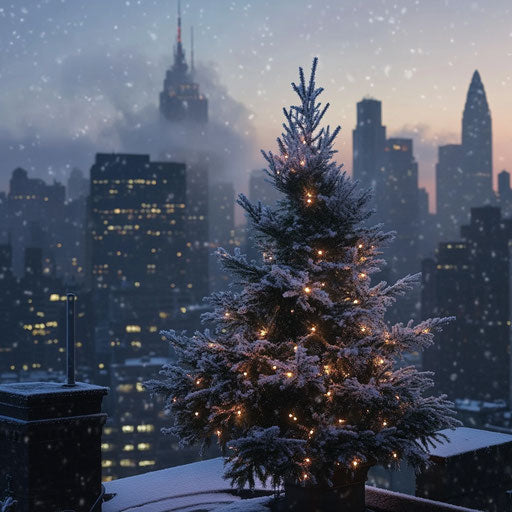 Frosty Christmas tree on snow-covered city rooftop