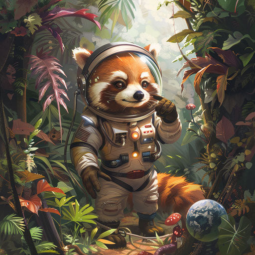 Red panda astronaut exploring a new planet covered in exotic plants