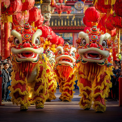 Vibrant Chinese snake dance with colorful lions