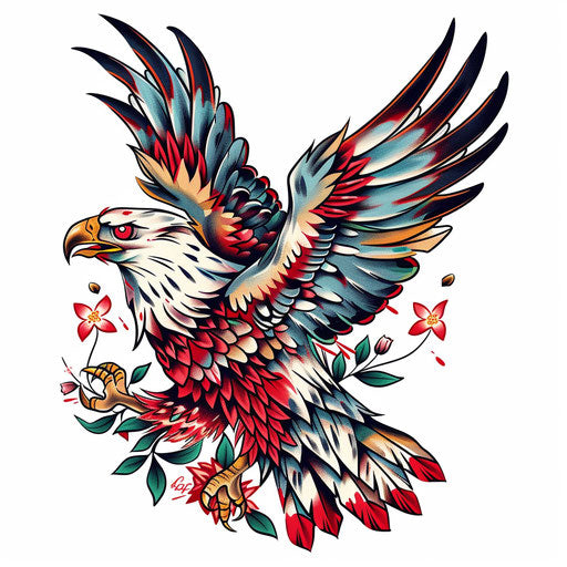 Neo-traditional eagle tattoo illustration, with bold colors and thick outlines, on a pristine white background.