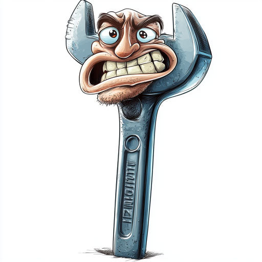Humorous caricature of a wrench with human characteristics