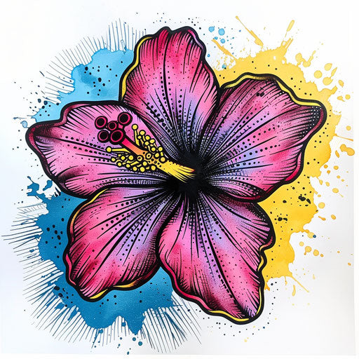 Pop art inspired hibiscus tattoo design, bold colors and comic dots