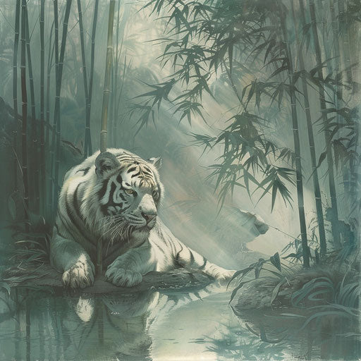 White tiger resting under bamboo shadow in misty habitat