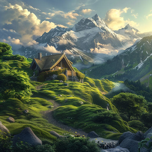 Mountain lodge in a lush green valley