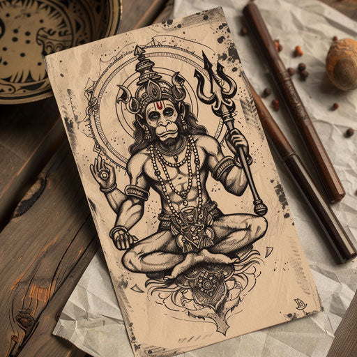 Old school flat tattoo sketch of Hanuman with traditional motifs and a trident