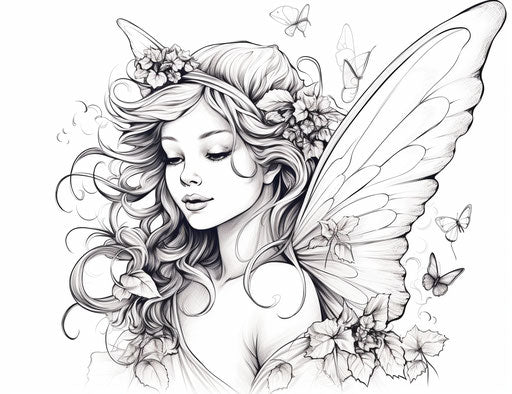Hand-drawn fairy outline on white background, vibrant style