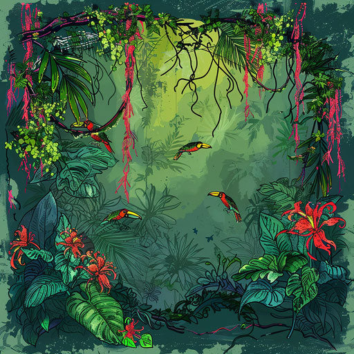 Jungle canopy with vines and tropical birds, clipart style