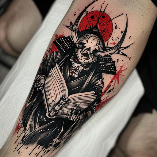 Bold and dark flat tattoo sketch with a shinigami holding the book of life and death