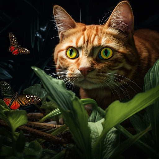 Ginger cat staring at an insect