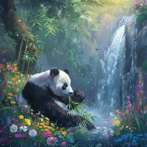 Giant panda eating bamboo under a peaceful waterfall