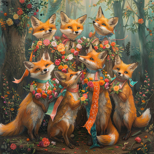 Festive foxes in a flowery forest
