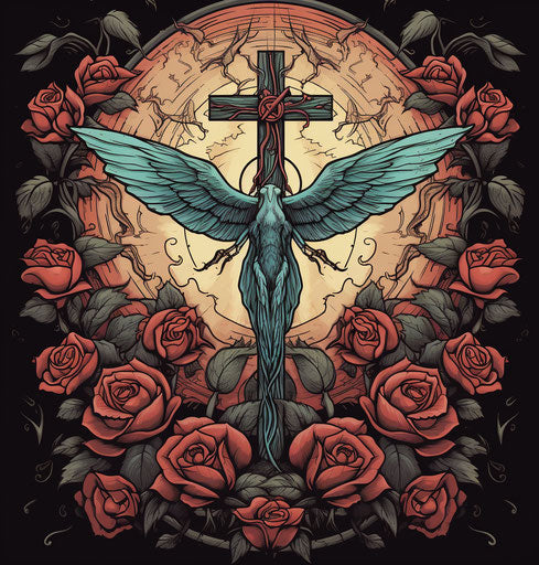 Winged cross on thorns background, woodcut-inspired style