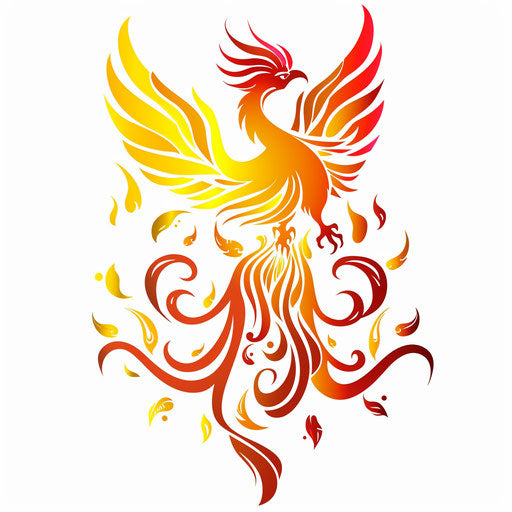 Phoenix silhouette rising with vibrant yellows and fiery reds