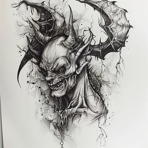 Gothic devil tattoo drawing with detailed black linework