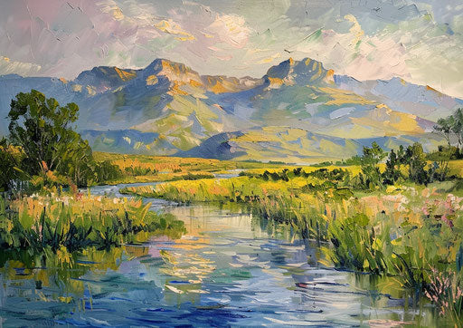 Impressionist painting of South African Drakensberg heavy brush in Monet style