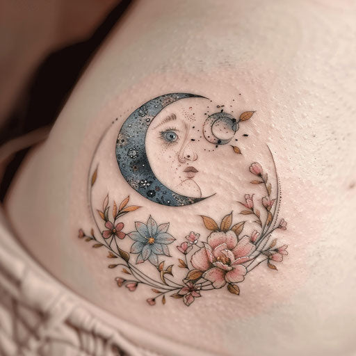 Art nouveau inspired yin and yang tattoo with elegant curves and pastel colors, on white background