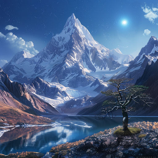 Hyper-realistic snowy mountain range with emerald lake and lonely tree in foreground
