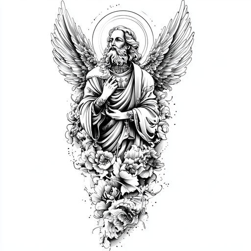 Religious arm tattoo with angel wings on white background