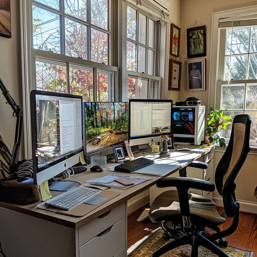 Productive home office setup with dual monitors, comfortable chair, and organized desk