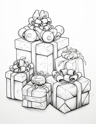 Adult toy presents coloring pages in layered stencil style