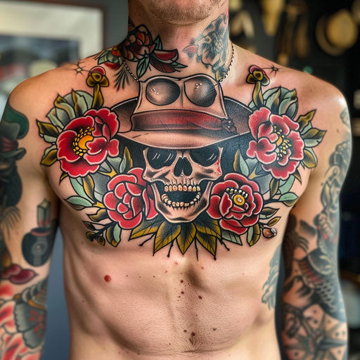 Red tattoos with classic Americana, Ed Hardy style