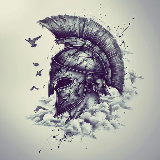 Dreamy spartan helmet tattoo with floating clouds and flying birds