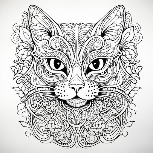 Downloadable decorative pattern and cat coloring pages