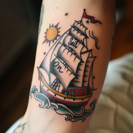 Tattoo of a classic ship with the phrase Sail On, in the style of Sailor Jerry