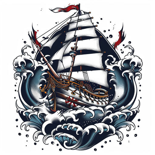 Navy tattoo design with battleship and ocean waves