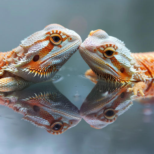A bearded dragon side by side with its reflection
