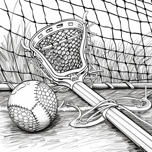 Close-up of lacrosse ball, stick, and net in background. Coloring book page