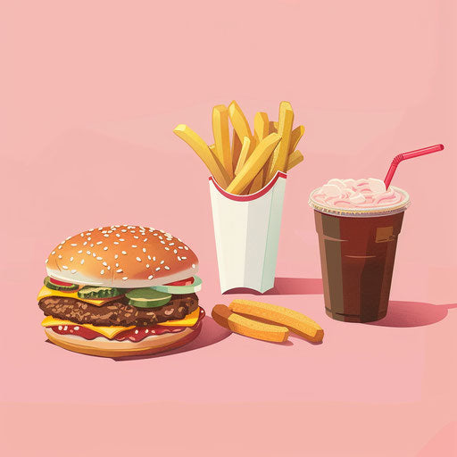 Realistic junk food clipart on dusky rose background