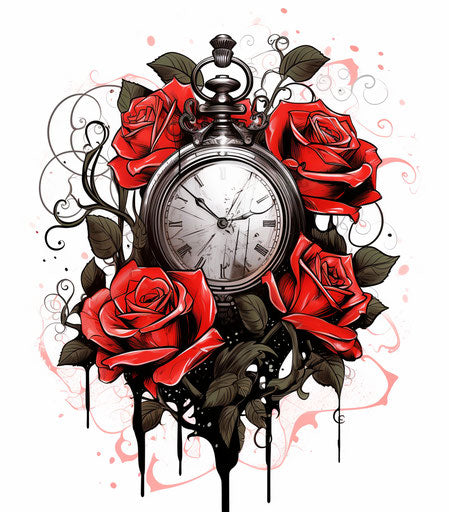 Roses with pocket watch on white background, gothic style