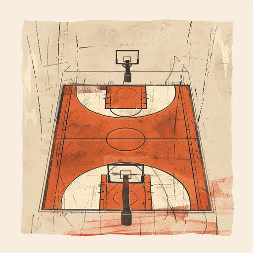 Elegant tattoo sketch of a basketball court, flat clipart style, muted earth tones