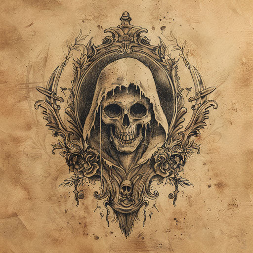Medieval inspired tattoo sketch of a reaper death seal