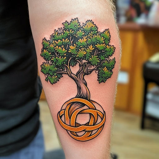 Tree tattoos for men with a tree wrapped around a Celtic knot, Sailor Jerry style