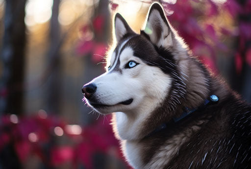 Siberian husky in the woods, dark maroon and light blue