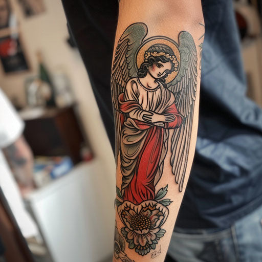Eastern-influenced guardian angel tattoo on white canvas